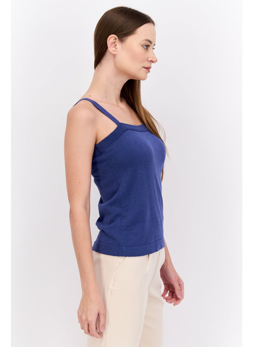 Women Square Neck Sleeveless Knitted Top, Navy