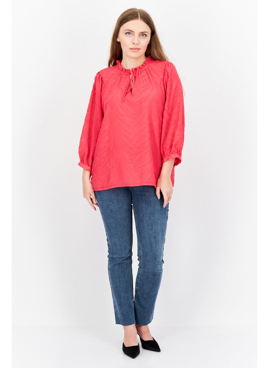 Women Tie Neckline 3/4 Sleeves Textured Top, Dark Pink