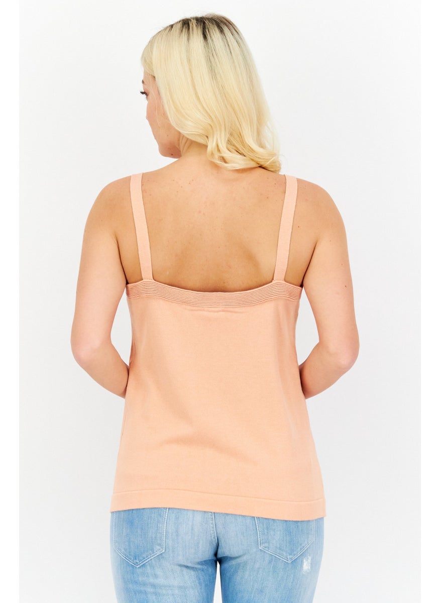 Women Square Neck Sleeveless Knitted Tank Top, Dark Peach