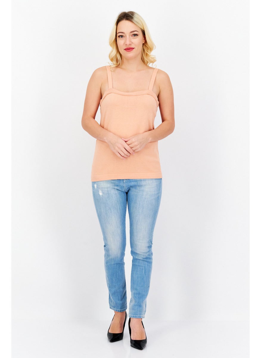 Women Square Neck Sleeveless Knitted Tank Top, Dark Peach