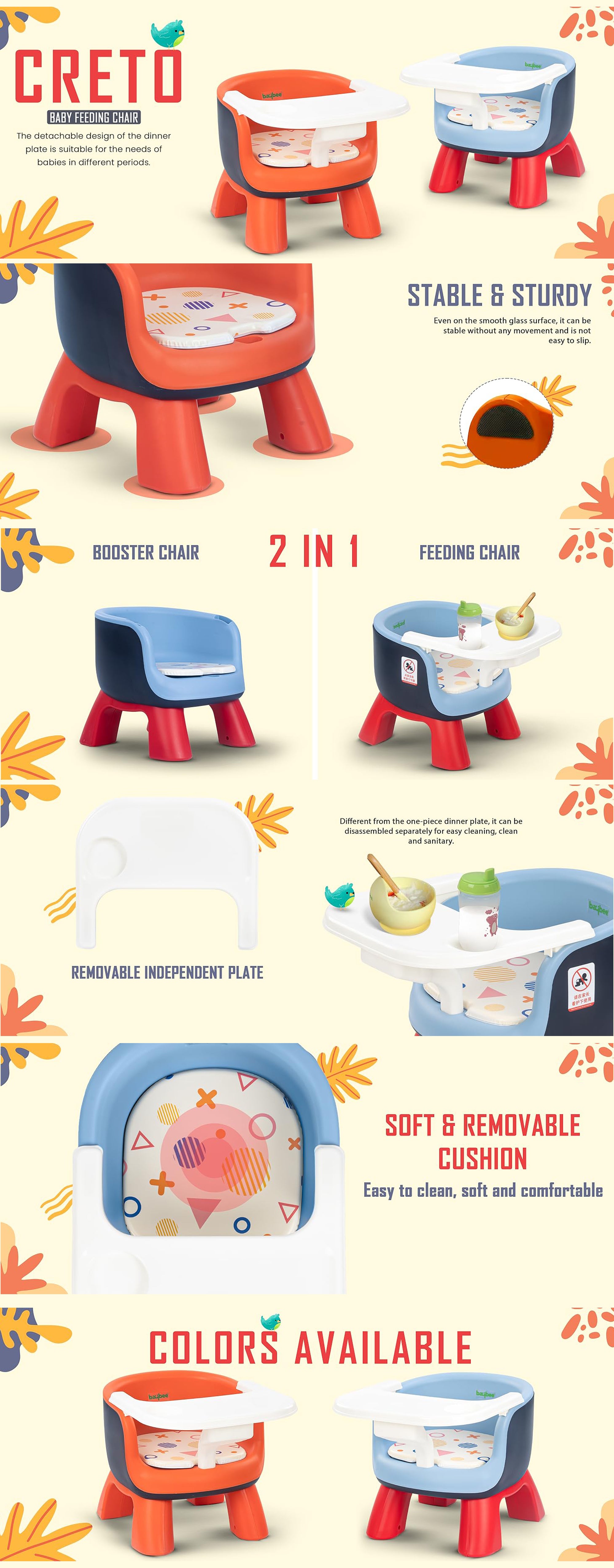 Creto Baby Booster Chair For Feeding, Portable Dining Chair For Baby With Removable Cushion Pad And Food Tray