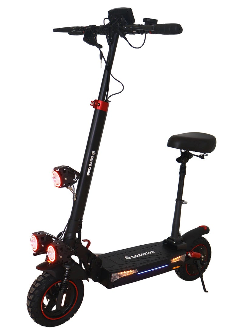 CHENXIAN T4 Foldable Kick Scooter with Seat – Dual Suspension, Front & Rear Disc Brakes, Kickstand, Foldable Handlebars – Adult Commuter Scooter for Urban Travel