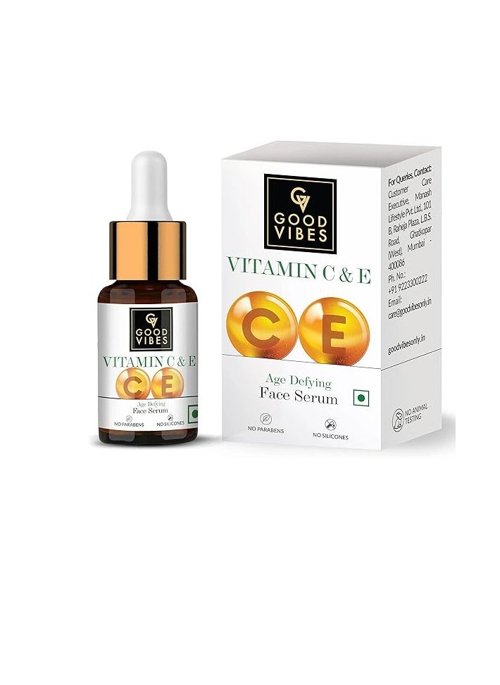 Good Vibes Vitamin C & E Age Defying Serum, 10 ml Light Weight Non Greasy Helps Reduces Wrinkles Skin Repair, Naturally Glowing Face No Parabens Sulphates, Animal Testing, Multi