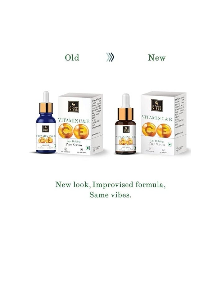 Good Vibes Vitamin C & E Age Defying Serum, 10 ml Light Weight Non Greasy Helps Reduces Wrinkles Skin Repair, Naturally Glowing Face No Parabens Sulphates, Animal Testing, Multi