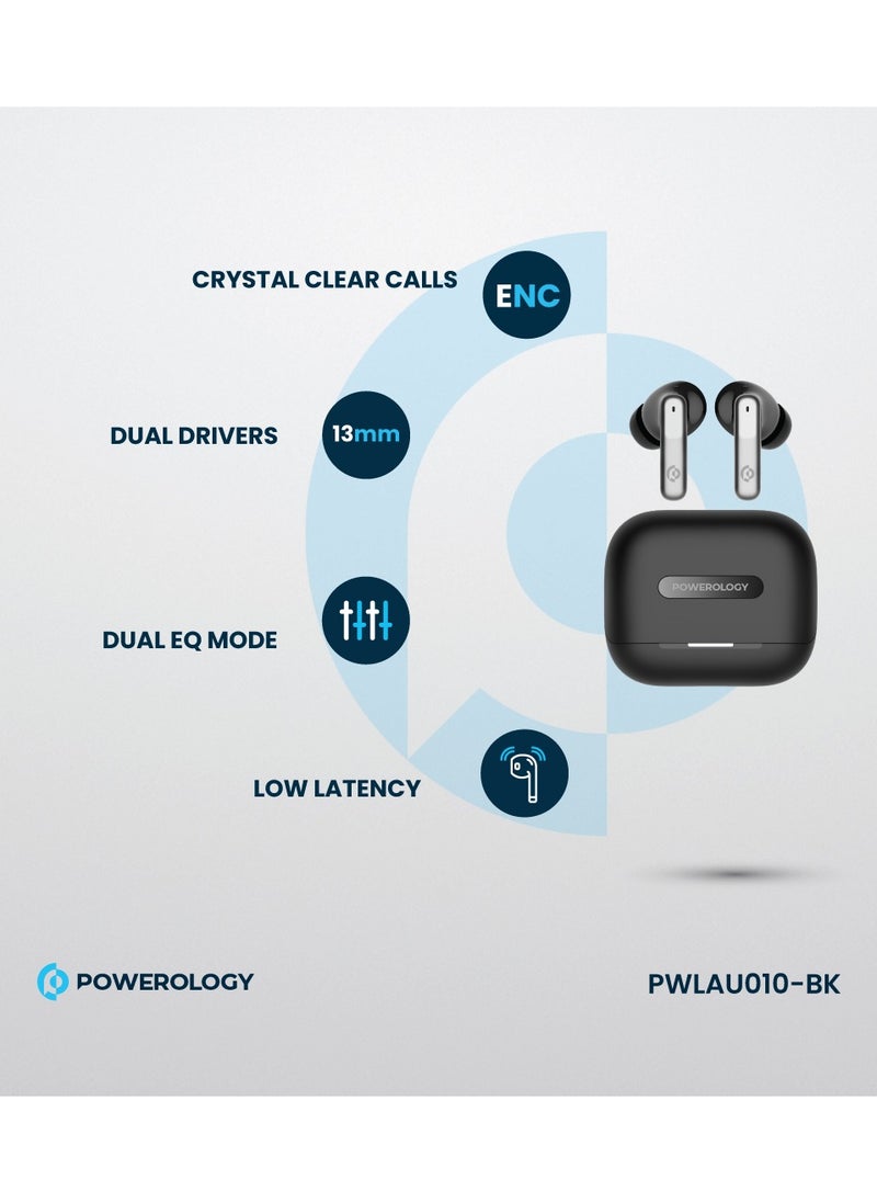 Hybrid ANC+ENC 6MIC True Wireless Buds/ V5.3 Bluetooth/ 50ms Low Latency / 6H Playtime / 50H Standby Time/ Dual EQ Mode - Black