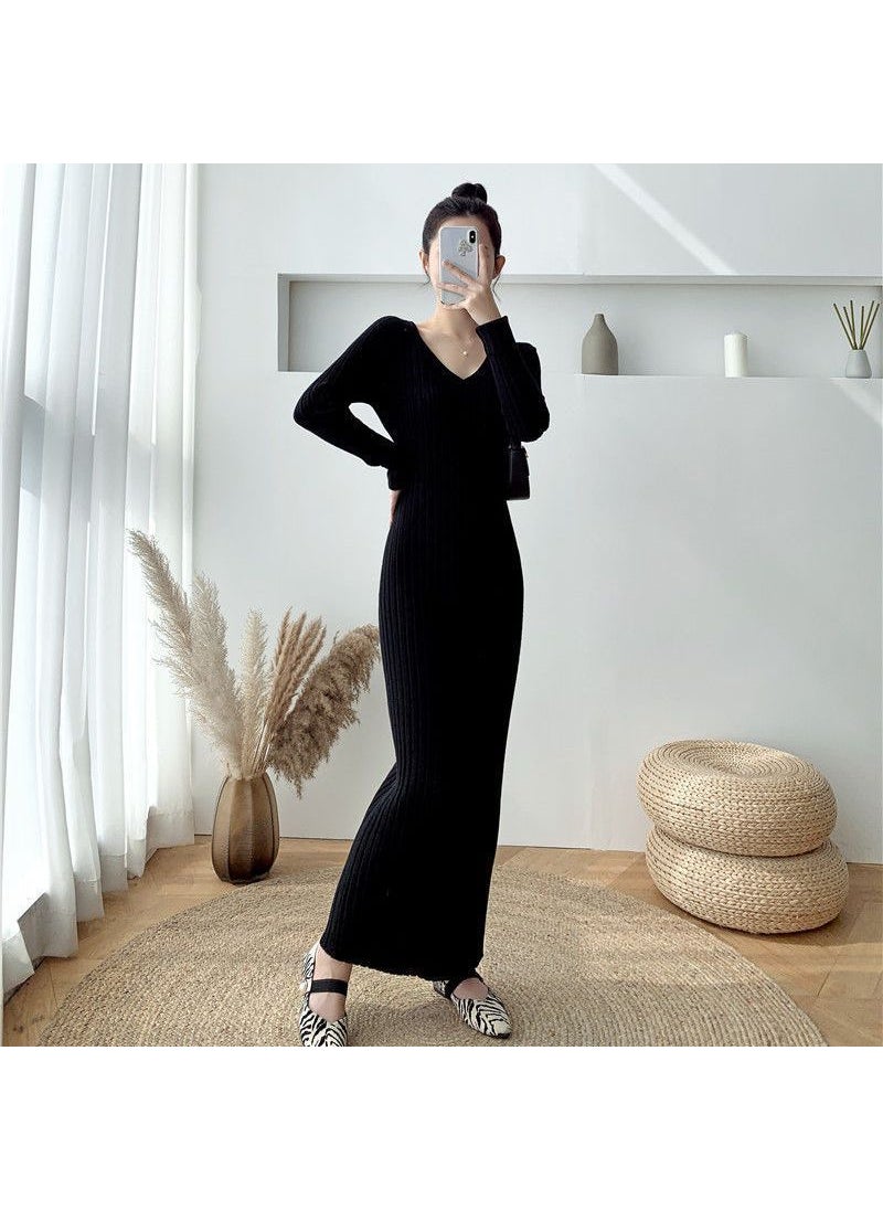 Long V-Neck Knit Dress Slim Fit Autumn Winter Black [turtleneck]]