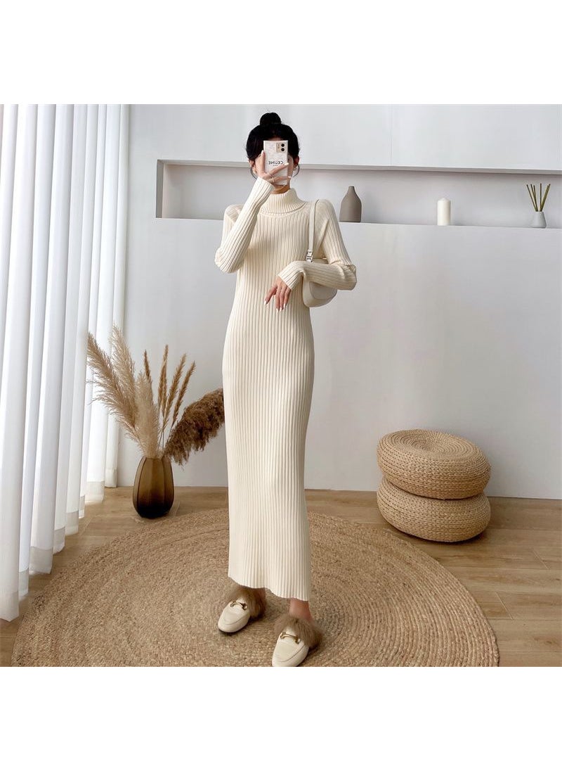 Long V-Neck Knit Dress Slim Fit Autumn Winter Black [turtleneck]]