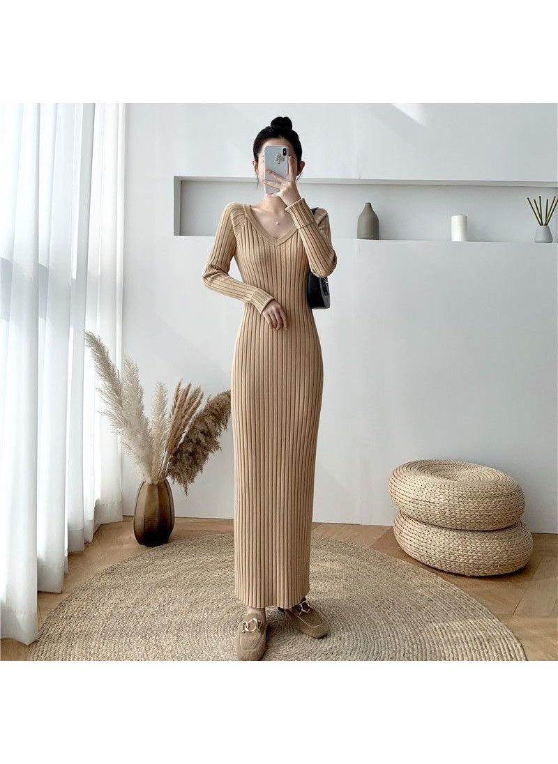 Long V-Neck Knit Dress Slim Fit Autumn Winter Black [turtleneck]]