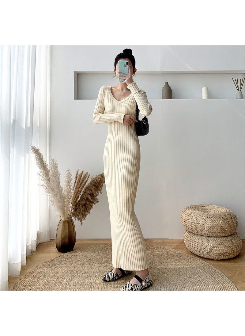Long V-Neck Knit Dress Slim Fit Autumn Winter Black [turtleneck]]