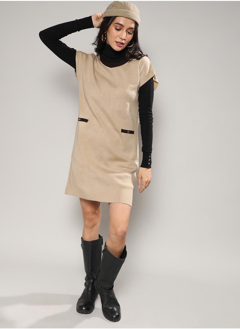 Women's Beige Sweater Shift Dress
