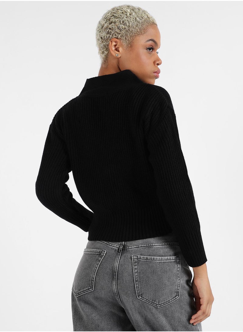 Campus Sutra Women's Solid Ribbed Cropped Cardigan