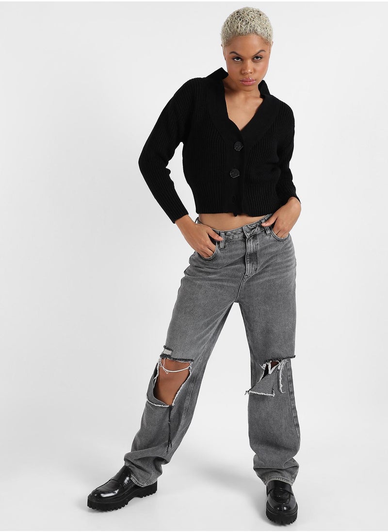 Campus Sutra Women's Solid Ribbed Cropped Cardigan