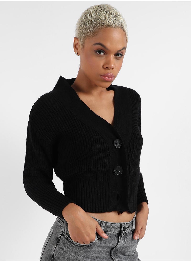 Campus Sutra Women's Solid Ribbed Cropped Cardigan