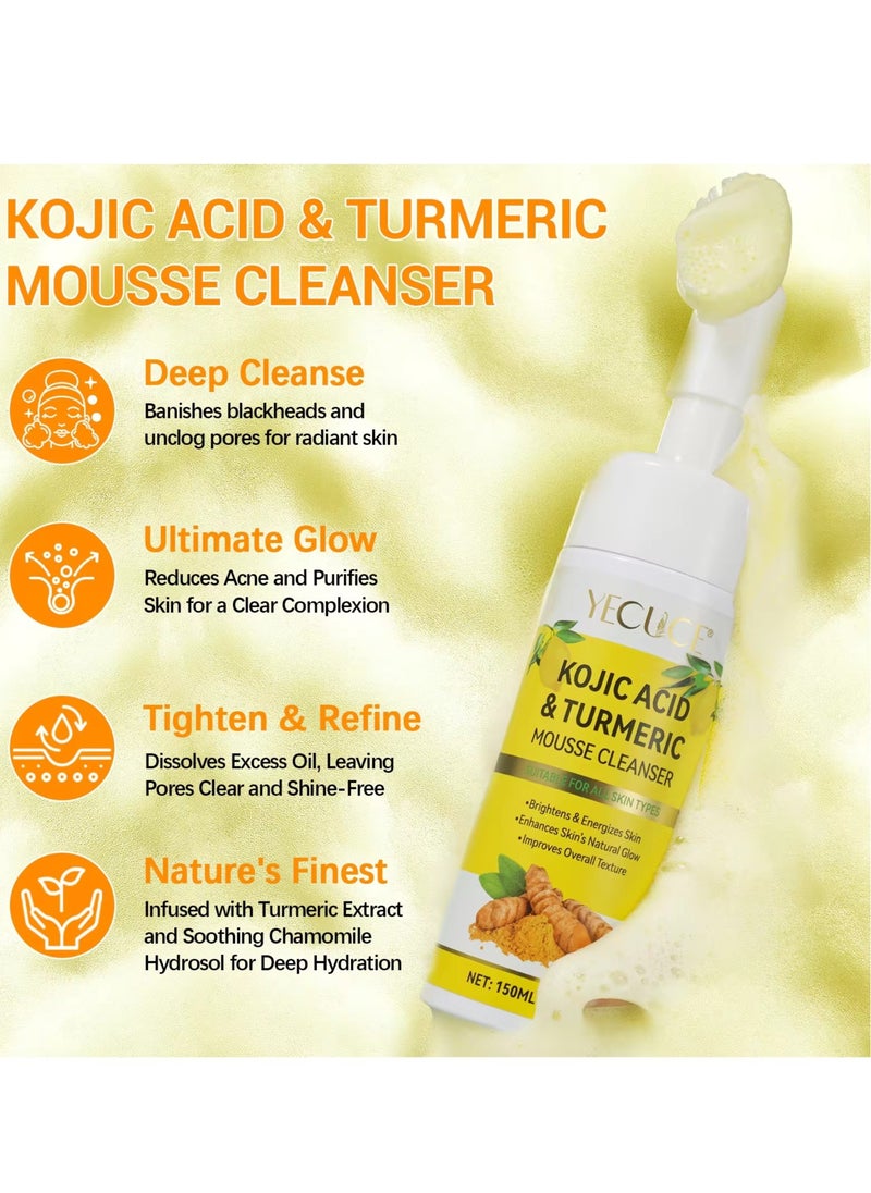 50Pcs Kojic Acid and Turmeric Cleansing Pads & Cleansing Foam 150ml Kojic Acid Pads and Mousse Reduce Dark Spots Balance Oil & Water Remove Excess Keratin