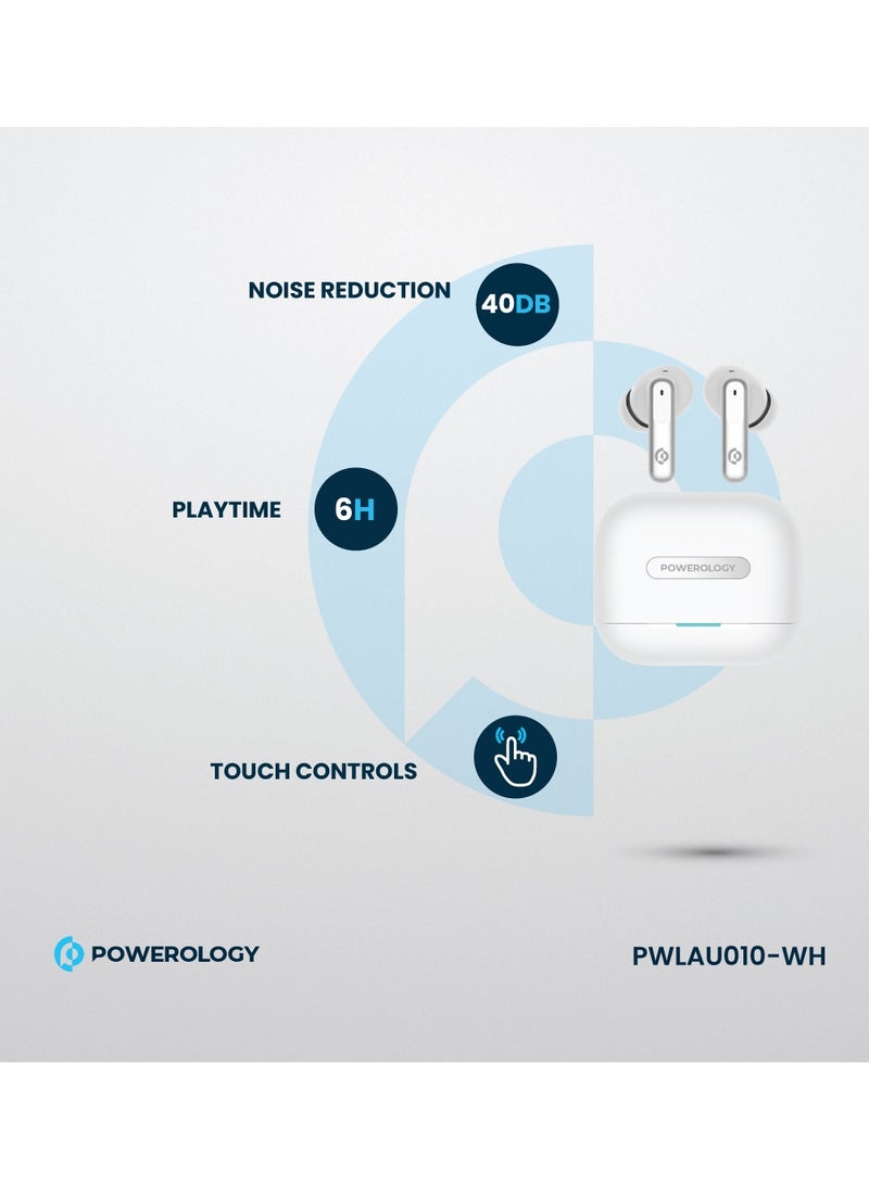 Hybrid ANC+ENC 6MIC True Wireless Buds/ V5.3 Bluetooth/ 50ms Low Latency / 6H Playtime / 50H Standby Time/ Dual EQ Mode - White
