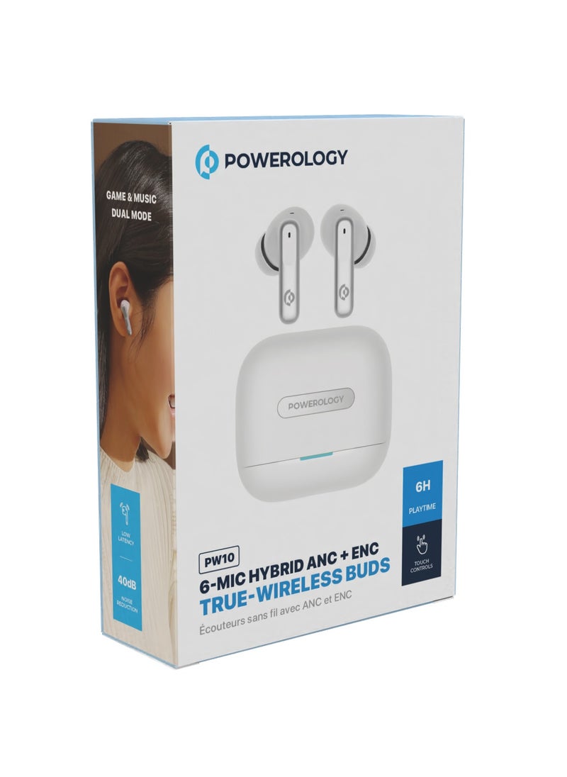 Hybrid ANC+ENC 6MIC True Wireless Buds/ V5.3 Bluetooth/ 50ms Low Latency / 6H Playtime / 50H Standby Time/ Dual EQ Mode - White