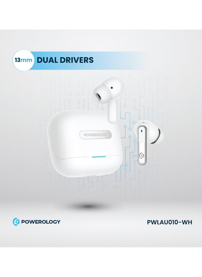 Hybrid ANC+ENC 6MIC True Wireless Buds/ V5.3 Bluetooth/ 50ms Low Latency / 6H Playtime / 50H Standby Time/ Dual EQ Mode - White