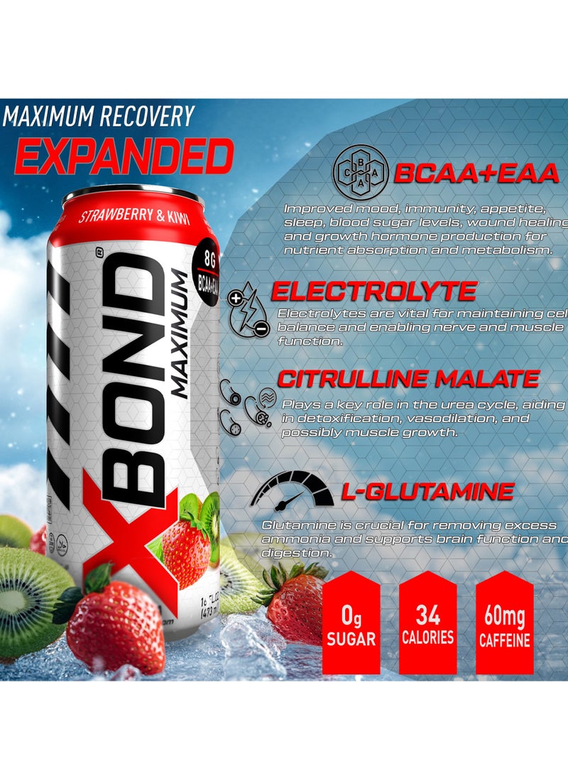 X-BOND 8g BCAA/EAA Strawberry & Kiwi Maximum RecoveryExpanded Maximum Amino Drink - BCAA + EAA Electrolytes Drink - 16 fl oz (473 ml) -  Sugar Free 34 Calories, 60mg Caffeine Pack of 12