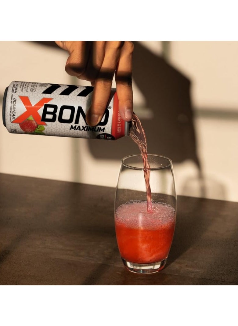 X-BOND 8g BCAA/EAA Strawberry & Kiwi Maximum RecoveryExpanded Maximum Amino Drink - BCAA + EAA Electrolytes Drink - 16 fl oz (473 ml) -  Sugar Free 34 Calories, 60mg Caffeine Pack of 12