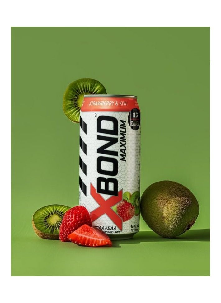 X-BOND 8g BCAA/EAA Strawberry & Kiwi Maximum RecoveryExpanded Maximum Amino Drink - BCAA + EAA Electrolytes Drink - 16 fl oz (473 ml) -  Sugar Free 34 Calories, 60mg Caffeine Pack of 12