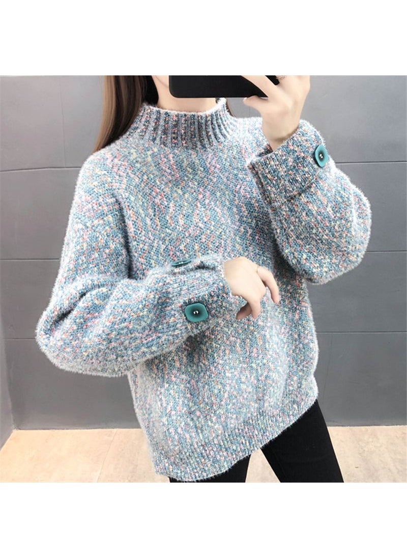 2023 Womens Thickened Chenille Sweater Turtleneck Knit Top Light blue