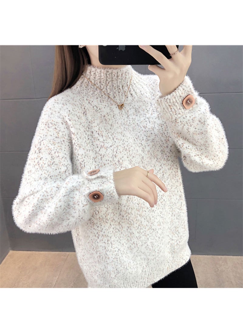 2023 Womens Thickened Chenille Sweater Turtleneck Knit Top Jade White