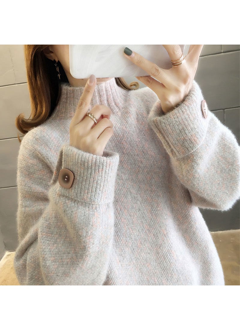 2023 Womens Thickened Chenille Sweater Turtleneck Knit Top Flower purple