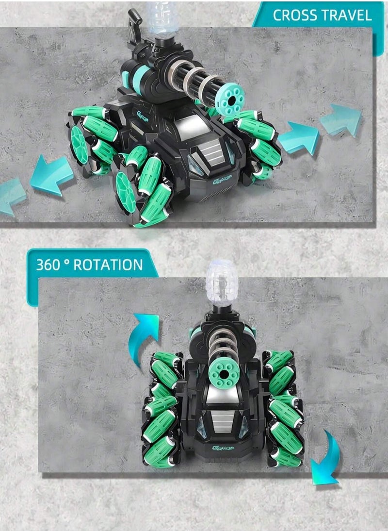 360° Rotating Remote Control Car for Kids, RC Stunt Tank with Ambient Light, Tail Water Spray, Rechargeable Drifting Cyan Armored Vehicle, 2.4GHz Off-Road Electric Race Toy for Ages 6+