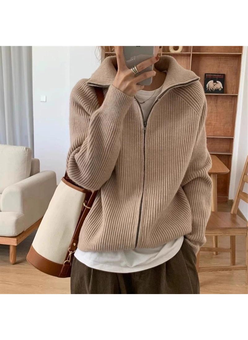 Petite Collared Zip Cardigan Sweater Jacket Apricot