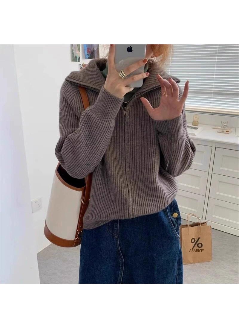 Petite Collared Zip Cardigan Sweater Jacket Gray
