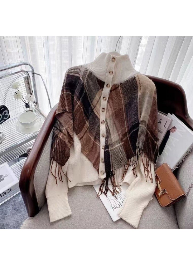 2023 Autumn Winter Chic Plaid Tassel Poncho Knit Sweater Women Navy blue