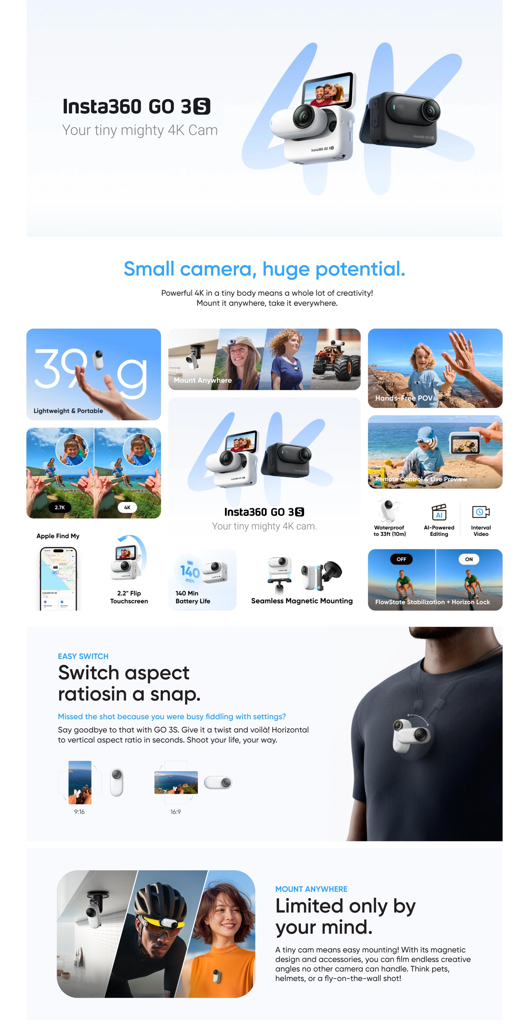 GO 3S Midnight Black (128GB) | 10m Waterproof Tiny Action Camera, 4K Wide-Angle Video, 2.2