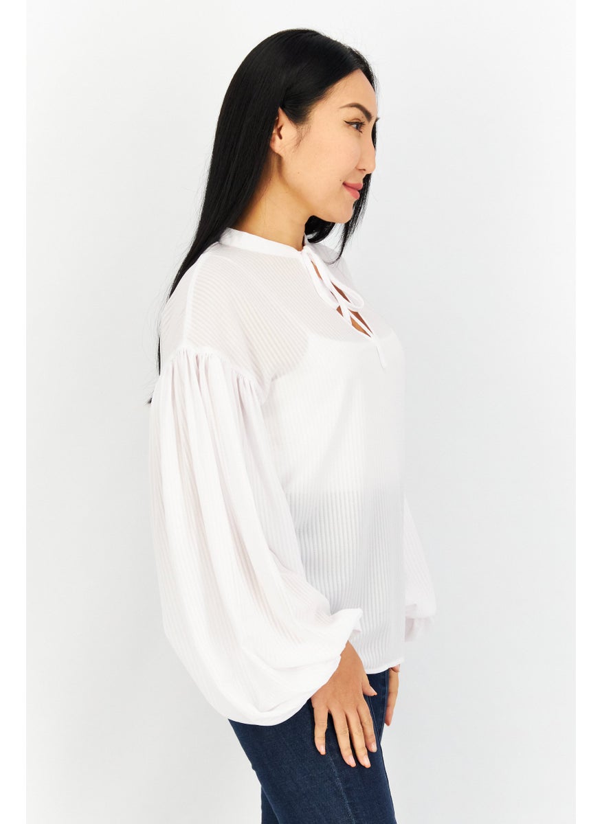 Women Tie  Neck Long Sleeve Solid Blouse, White