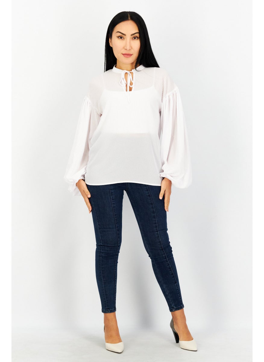 Women Tie  Neck Long Sleeve Solid Blouse, White