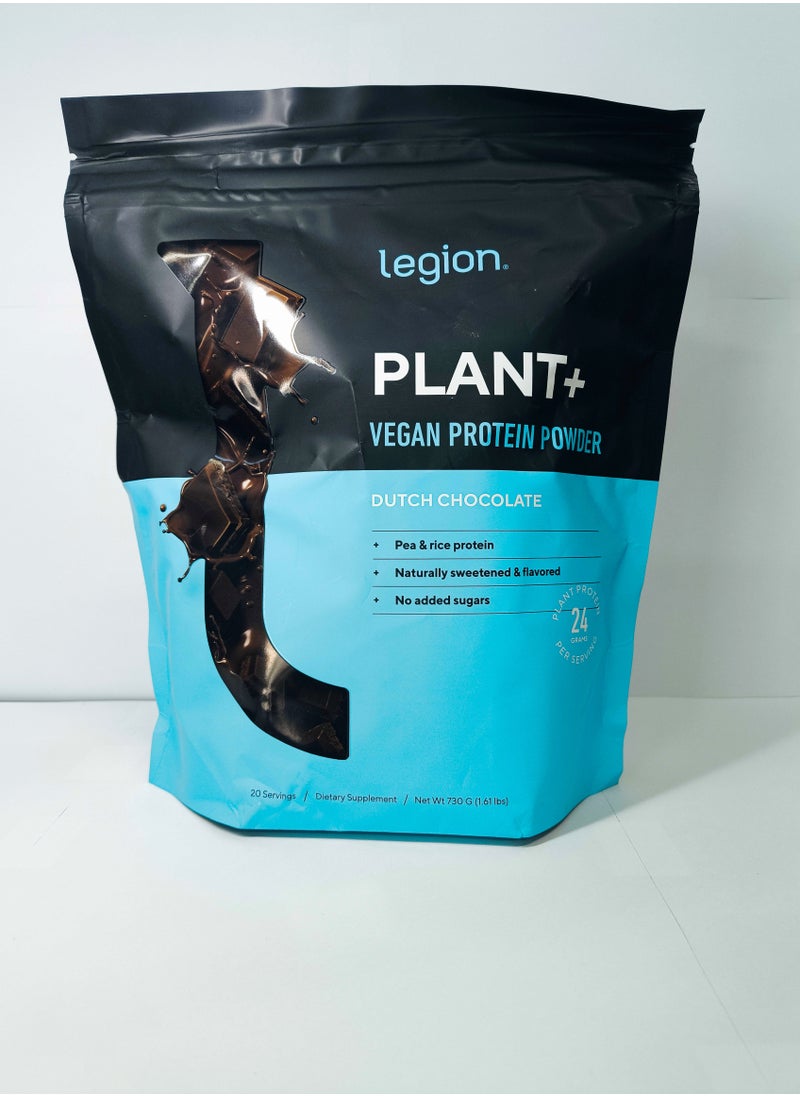 Plant+ Vegan Protein Powder, Pea and Rice Protein, Naturally Sweetened & Flavored, No Added Sugars, 24 grams Per Serving, 730 g,(1.61 Lbs ) 20 Servings - Dutch Chocolate