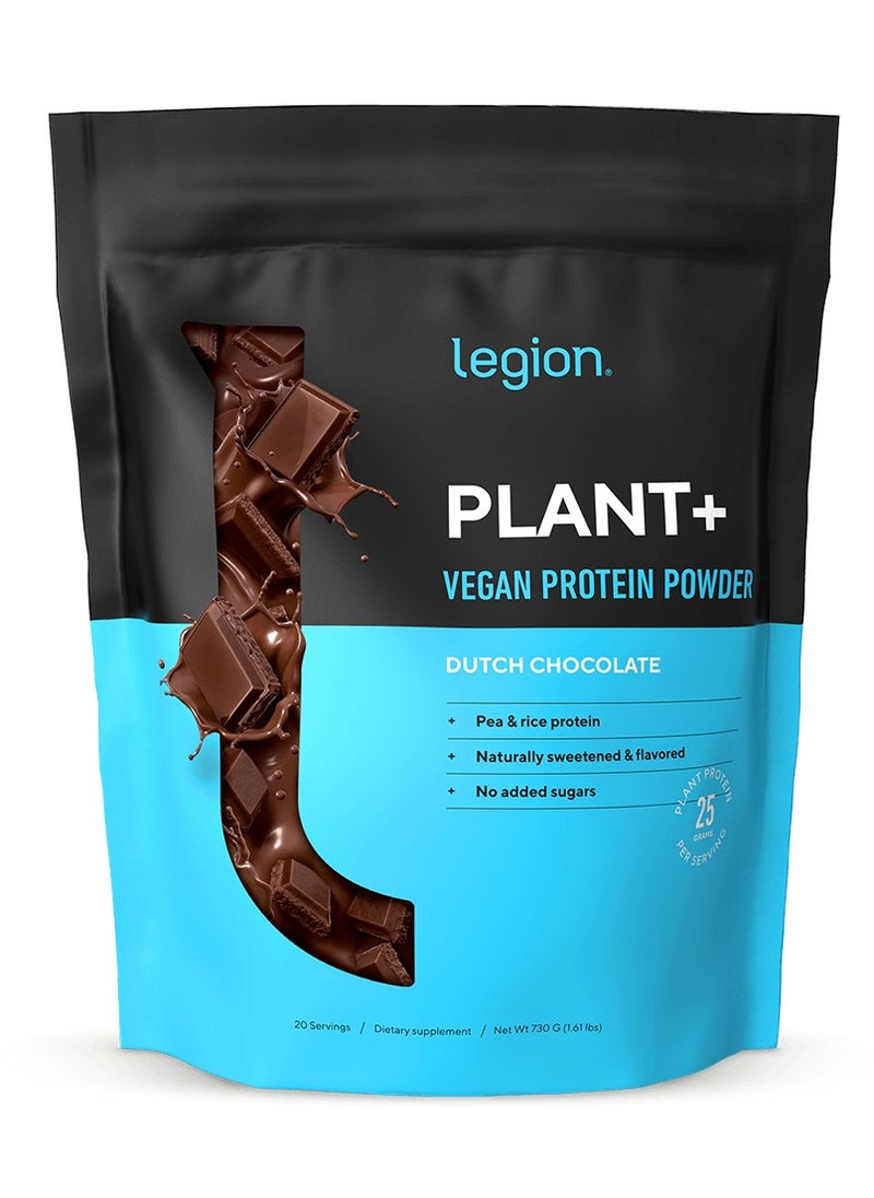 Plant+ Vegan Protein Powder, Pea and Rice Protein, Naturally Sweetened & Flavored, No Added Sugars, 24 grams Per Serving, 730 g,(1.61 Lbs ) 20 Servings - Dutch Chocolate
