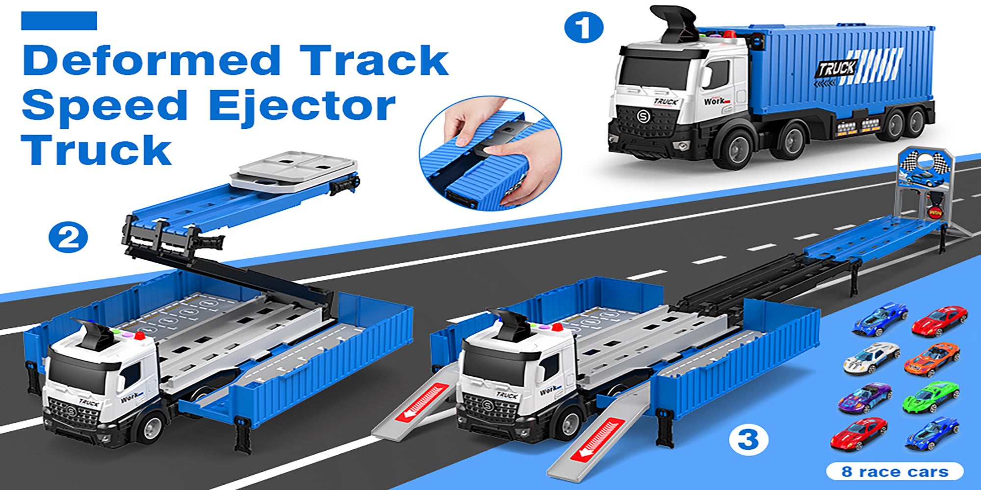 Race Car Track Toy Truck Toy with Slots & Foldable Race Tracks Transport Car Carrier Toy for Toddlers Cars Toy Set Container Truck Toy with 8 Alloy Cars Vehicles Toy Set for 3+ Kids Boys Girls