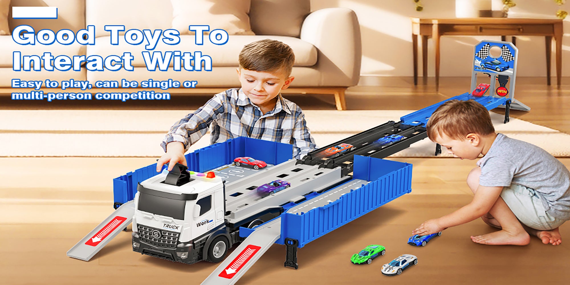 Race Car Track Toy Truck Toy with Slots & Foldable Race Tracks Transport Car Carrier Toy for Toddlers Cars Toy Set Container Truck Toy with 8 Alloy Cars Vehicles Toy Set for 3+ Kids Boys Girls