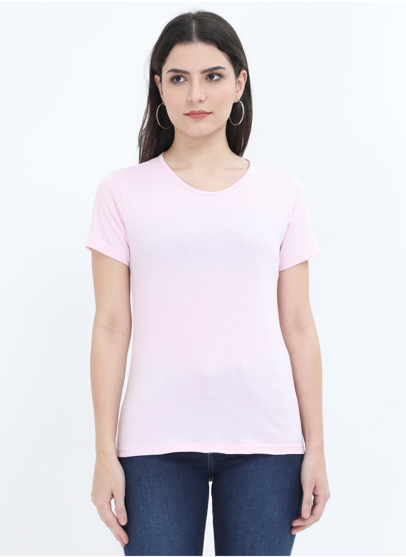 Regular Fit Solid Cotton Half Sleeves Round Neck Women's T-Shirt Light Pink