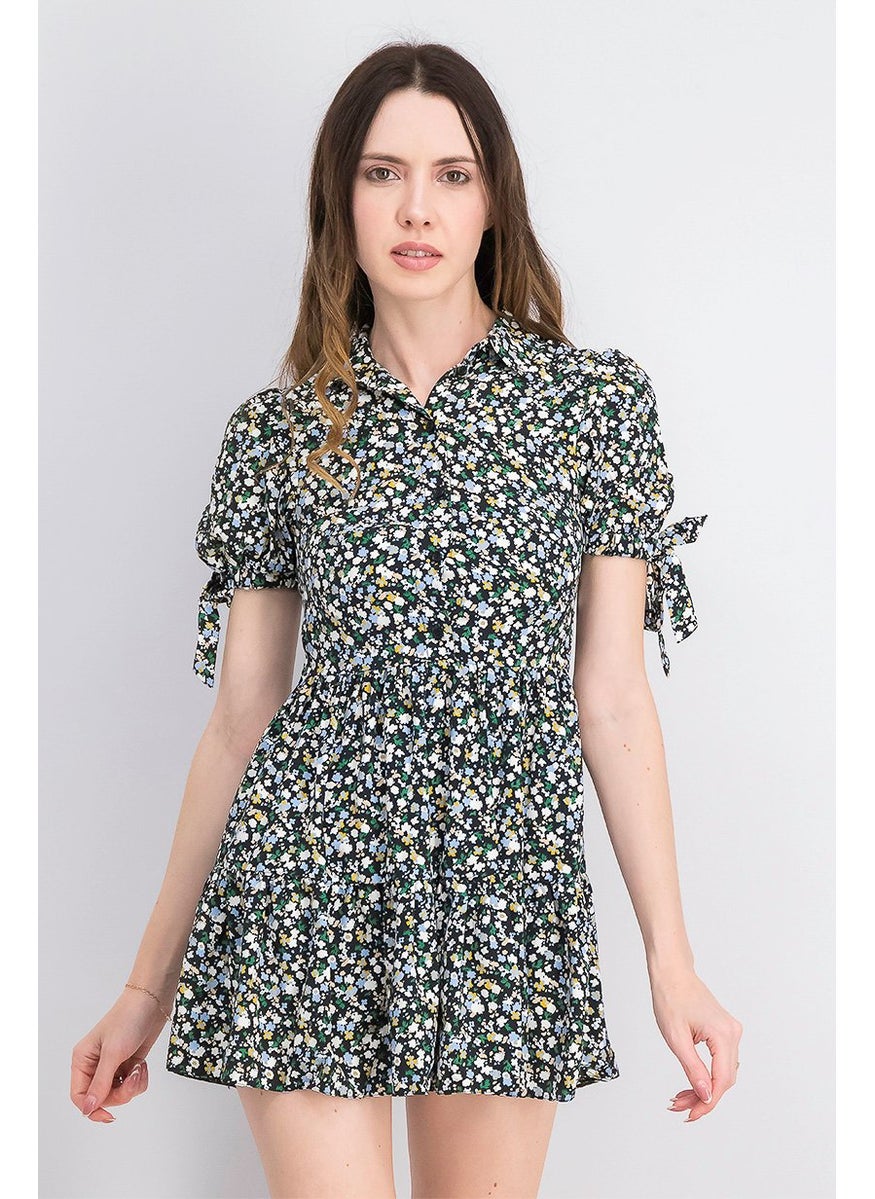 Women Petite Printed Tie Sleeve Mini Dress