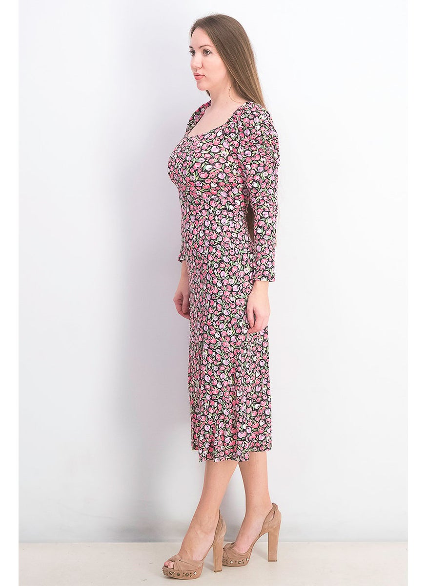 Women Petites Floral Long Sleeve Maxi Dress, Pink Combo