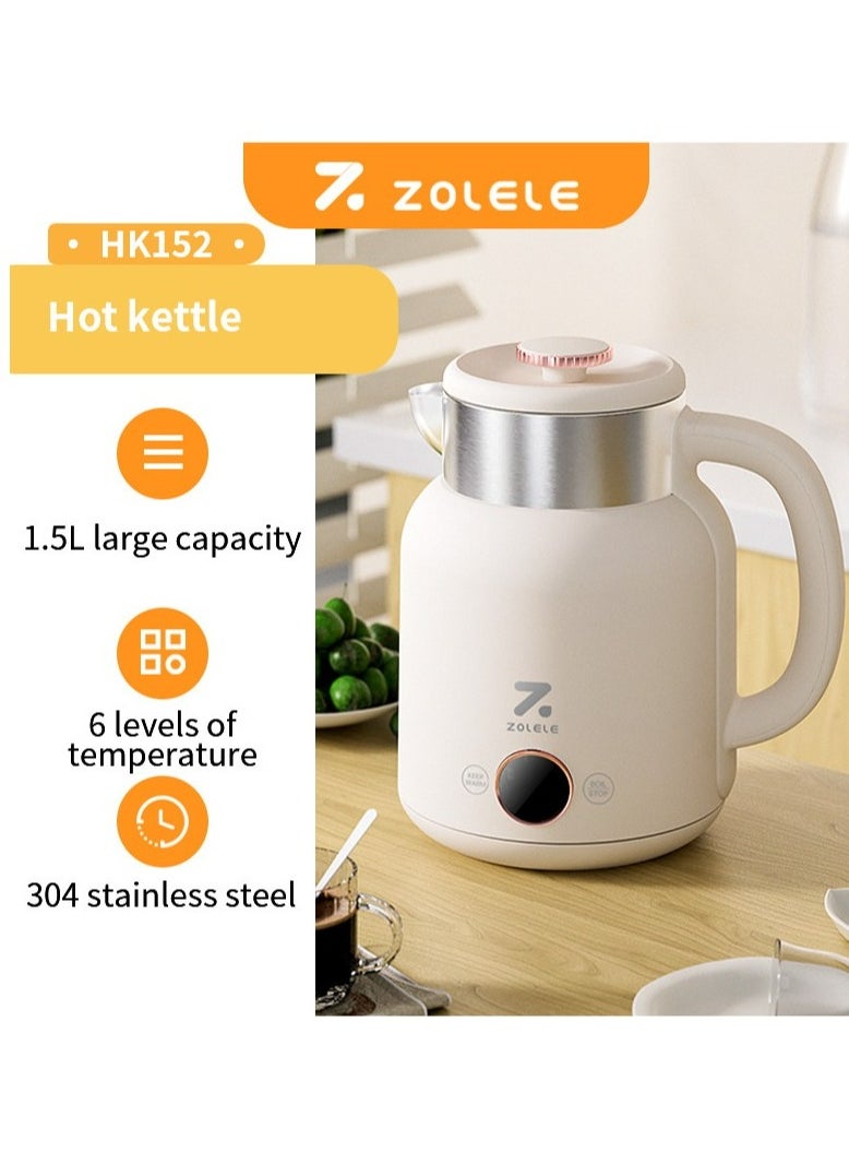 ZOLELE Smart Electric Kettle HK152 Cordless 1.5L Electric Kettle, Fast Boiling 6 Speed Temperatue Settings, Auto Shut-Off, LED Indicator Lights - White