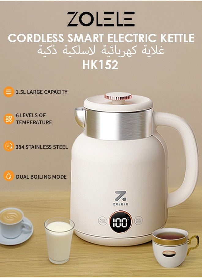 ZOLELE Smart Electric Kettle HK152 Cordless 1.5L Electric Kettle, Fast Boiling 6 Speed Temperatue Settings, Auto Shut-Off, LED Indicator Lights - White