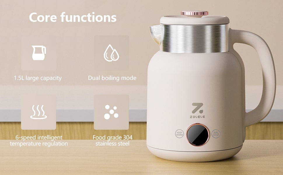ZOLELE Smart Electric Kettle HK152 Cordless 1.5L Electric Kettle, Fast Boiling 6 Speed Temperatue Settings, Auto Shut-Off, LED Indicator Lights - White