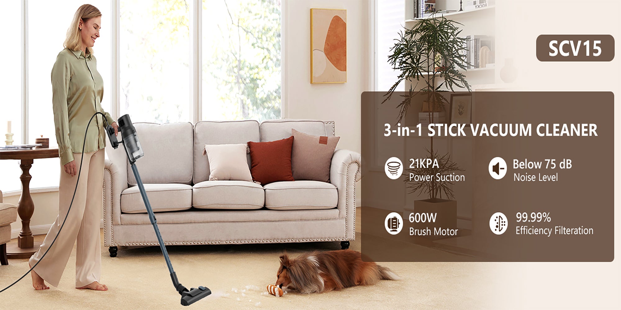 SCV15 Vacuum Cleaner Corded with 21KPa Handheld Vacuum Powerful Suction, Adjustable Lightweight 3 in 1 Stick Vacuum with HEPA Filter for Hard Floor