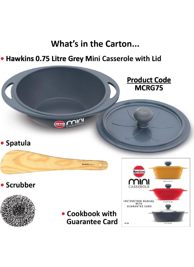 Hawkins Aluminium 0.75 liter Mini Casserole with Lid, Round Series Die-Cast Pan for Cooking, Reheating, Serving and Storing, Grey (Mcrg75)