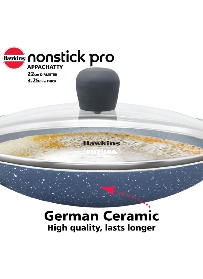 HAWKINS Nonstick Pro 0.9 Litre Appachatty, Mini Kadhai, Appachatti, Appachetty, Appam Pot Maker, Deep Fry Pan with Glass Lid, Granite Kadai