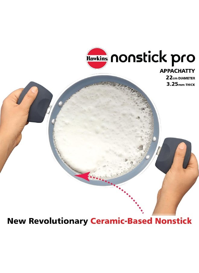 HAWKINS Nonstick Pro 0.9 Litre Appachatty, Mini Kadhai, Appachatti, Appachetty, Appam Pot Maker, Deep Fry Pan with Glass Lid, Granite Kadai