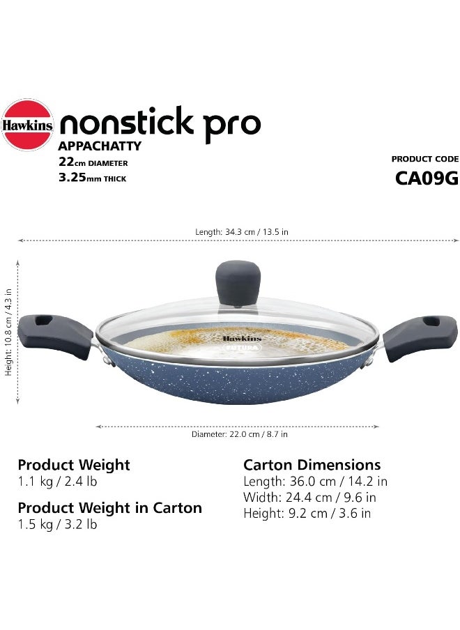 HAWKINS Nonstick Pro 0.9 Litre Appachatty, Mini Kadhai, Appachatti, Appachetty, Appam Pot Maker, Deep Fry Pan with Glass Lid, Granite Kadai