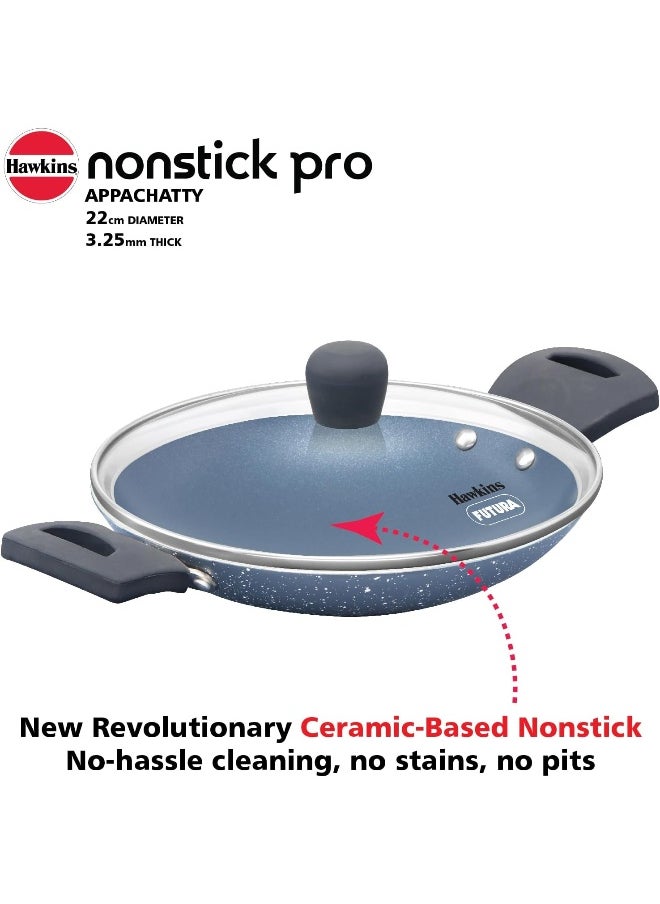 HAWKINS Nonstick Pro 0.9 Litre Appachatty, Mini Kadhai, Appachatti, Appachetty, Appam Pot Maker, Deep Fry Pan with Glass Lid, Granite Kadai
